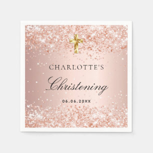 Christening blush rose gold glitter name girl napkin