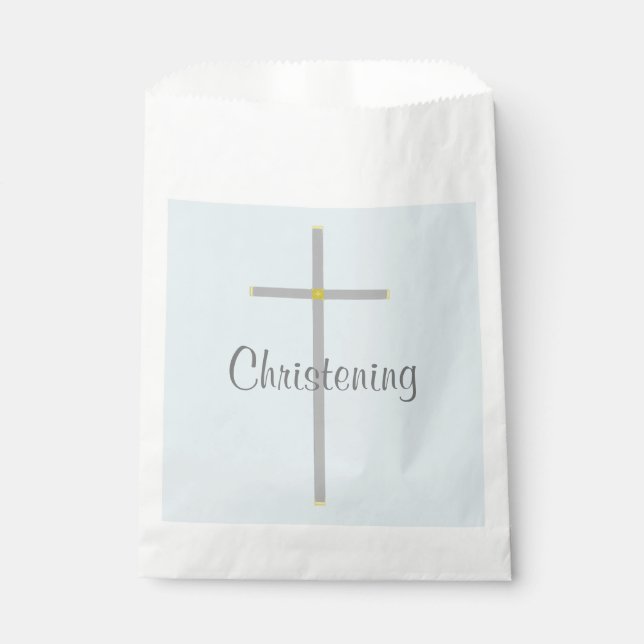 Christening Boy Blue Grey Silver Cross Favour Bag (Front)