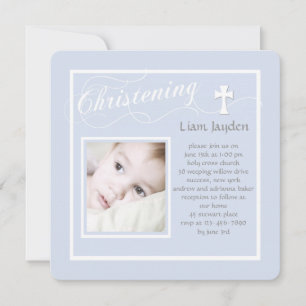 Christening Calligraphy Blue Photo Invitation