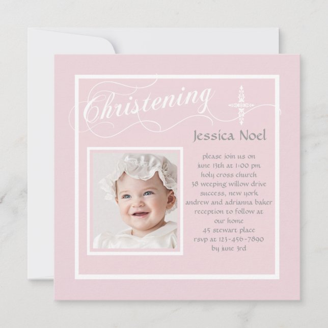 Christening Calligraphy Pink Photo Invitation (Front)