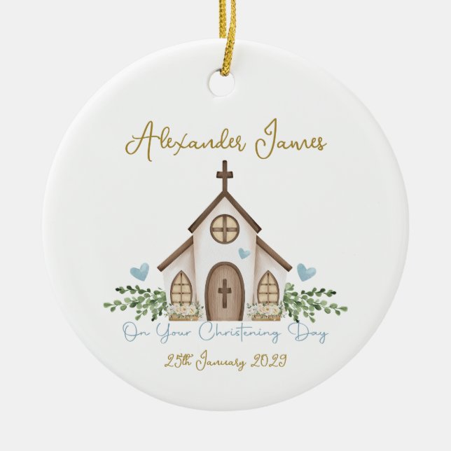 Christening Church Eucalyptus Leaves Photo Ceramic Ornament (Front)