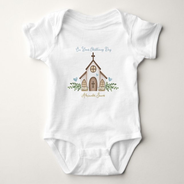 Christening Church Eucalyptus Leaves T-Shirt Baby Bodysuit (Front)