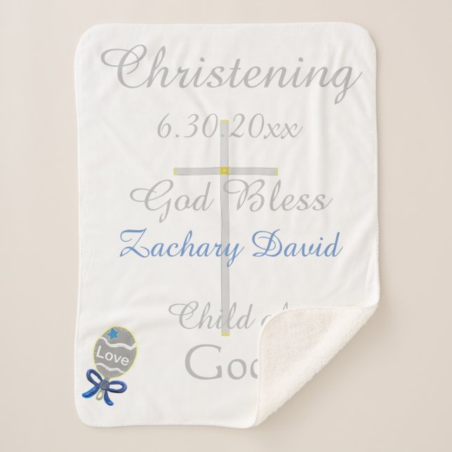 Christening Cross Boy Blue Star Rattle Medium Sherpa Blanket (Front)