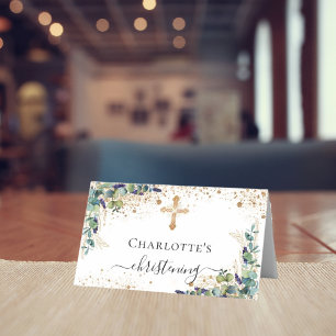 Christening eucalyptus gold glitter sparkles place card