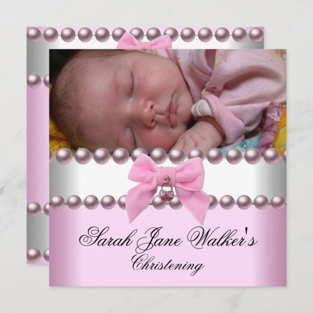Christening Girl Pink White Pink Pearl Photo Invitation (Front/Back)