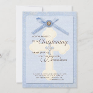 Christening Invitation - Blue w/ cross & ribbo