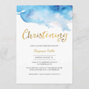 Christening invitation   blue watercolour and gold