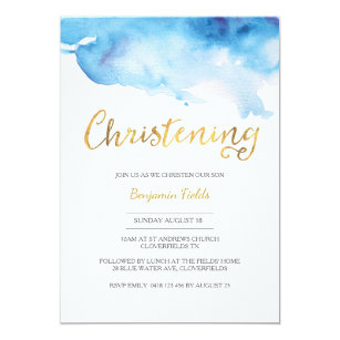 Christening invitation | blue watercolour and gold