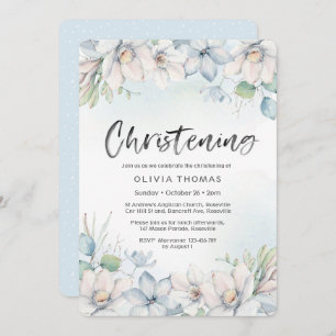 Christening Invitation   blue winter florals