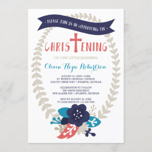 Christening Invitation, Floral, Contemporary Invitation