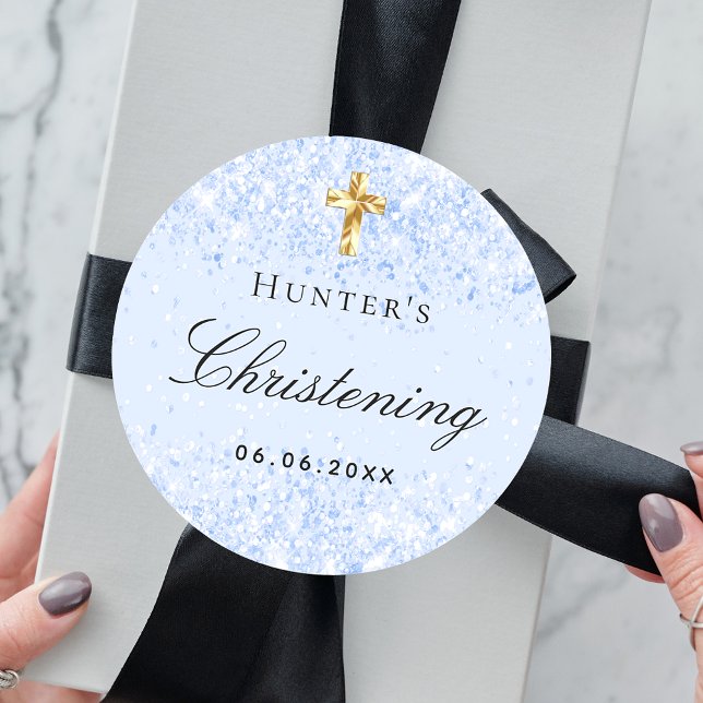 Christening light blue glitter sparkles boy cross classic round sticker (Creator Uploaded)