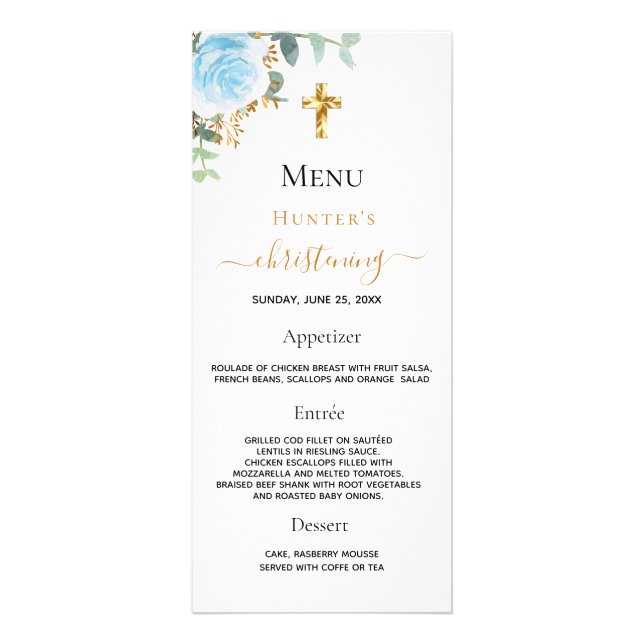 Christening Menu light blue boy floral (Front)