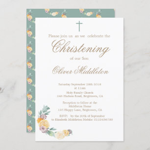 Christening or Baptism Floral Green Invitation