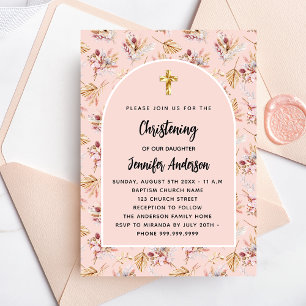 Christening pampas florals rose gold pink girl invitation