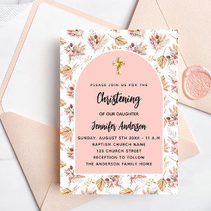 Christening pampas flowers rose gold pink luxury invitation