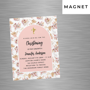 Christening pampas flowers rose gold pink luxury magnetic invitation