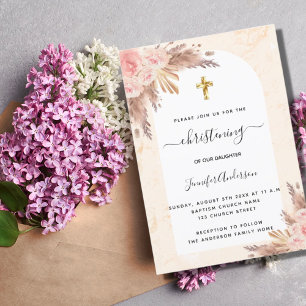 Christening pampas grass rose blush marble girl invitation