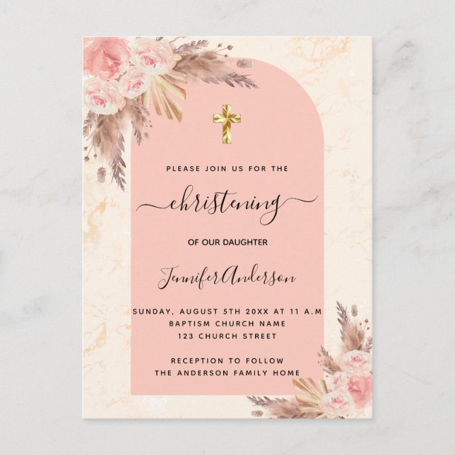 Christening pampas grass rose gold blush marble invitation postcard (Front)