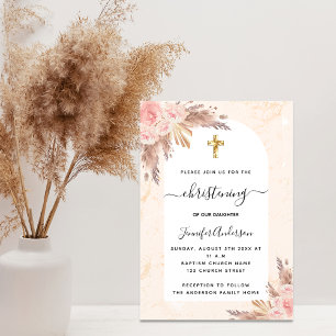 Christening pampas grass rose gold marble luxury invitation