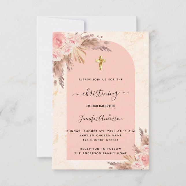 Christening pampas grass rose pink marble girl  invitation (Front)