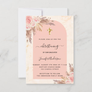Christening pampas grass rose pink marble girl invitation
