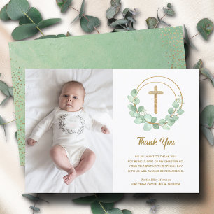 Christening Photo Cross Eucalyptus Thank You Card
