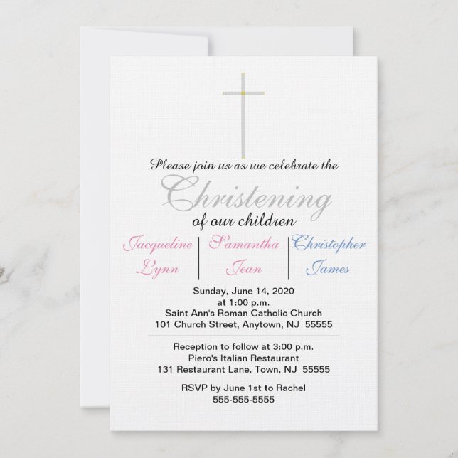 Christening Pink Blue Triplets Invitation (Front)