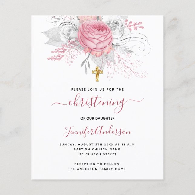 Christening pink florals girl budget invitation flyer (Front)