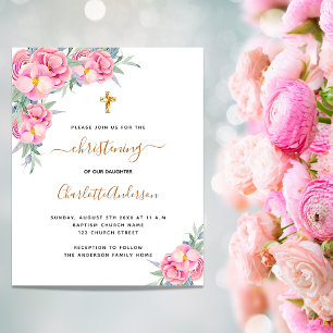 Christening pink florals rose budget invitation