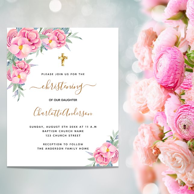 Christening pink florals rose budget invitation flyer (Creator Uploaded)