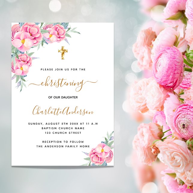 Christening pink florals rose gold girl invitation (Creator Uploaded)