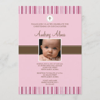 Christening Pink Stripe Photo Invitation - Girl