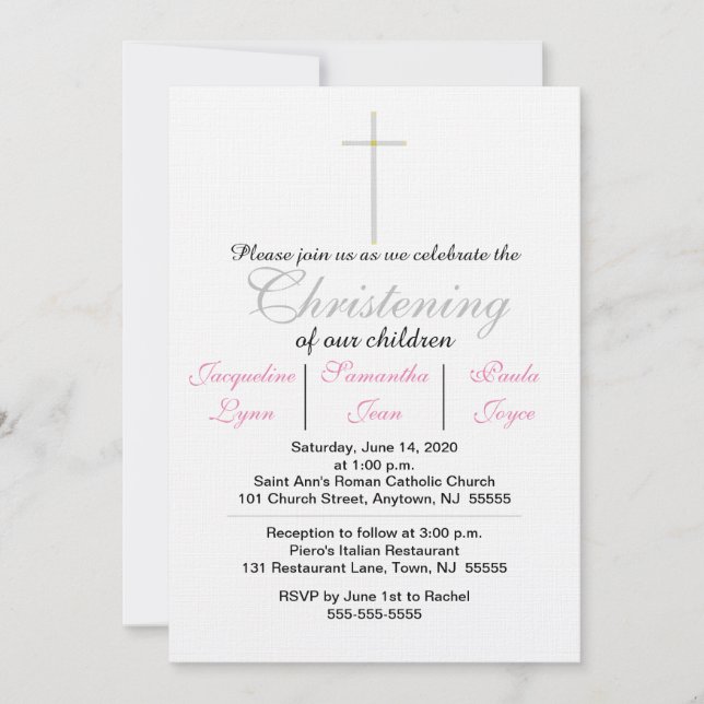 Christening Pink Triplets Invitation (Front)