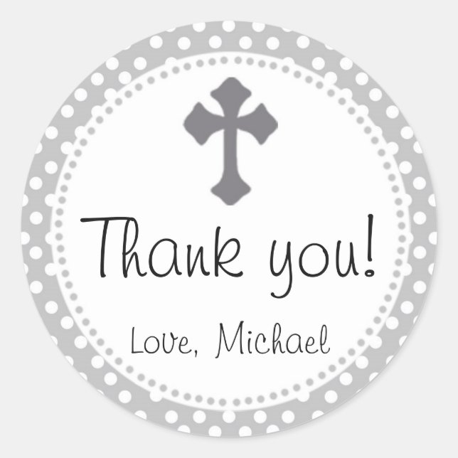 Christening Polka Round Thank You Party Sticker (Front)