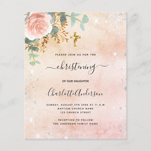 Christening rose gold floral eucalyptus invitation (Front)