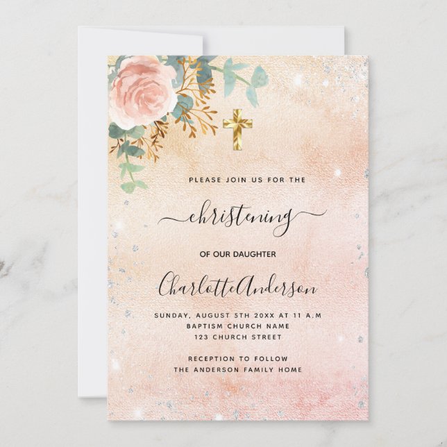 Christening rose gold floral eucalyptus silver invitation (Front)