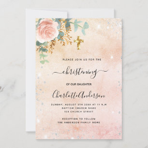 Christening rose gold floral eucalyptus silver invitation