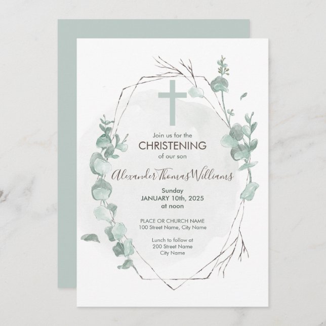 Christening Rustic Eucalyptus Invitation (Front/Back)