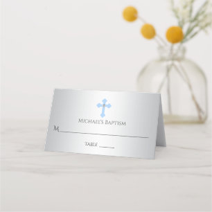 Christening Silver Blue Cross   Boy Place Card
