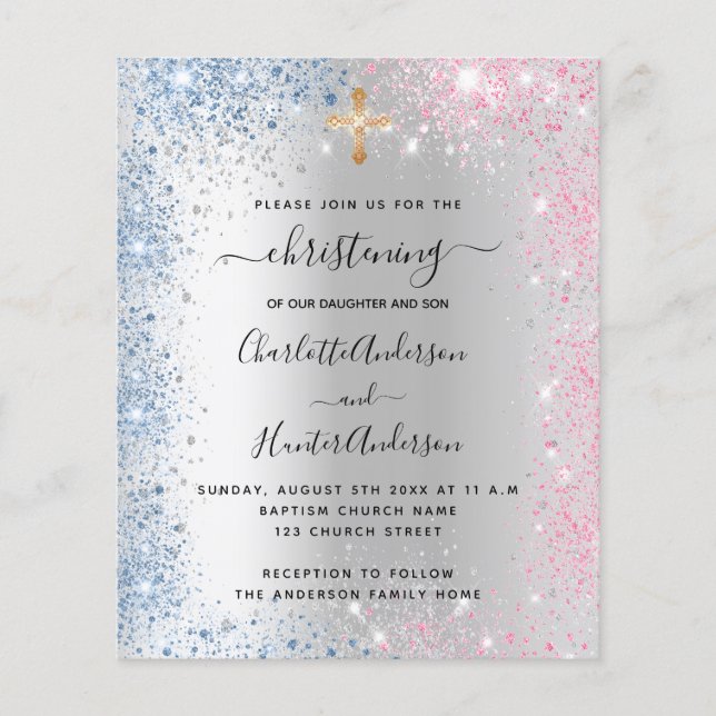Christening silver blue pink budget invitation flyer (Front)