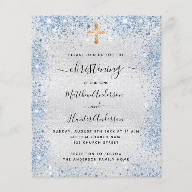 Christening silver blue twin boy budget invitation flyer (Front)