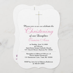 Christening Silver Cross Daughter Pink Rattle Invitation