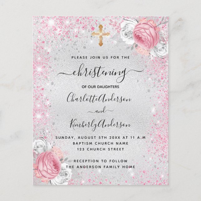 Christening silver girls twins budget invitation flyer (Front)