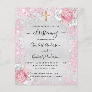 Christening silver girls twins budget invitation flyer