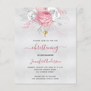 Christening silver pink floral budget invitation flyer