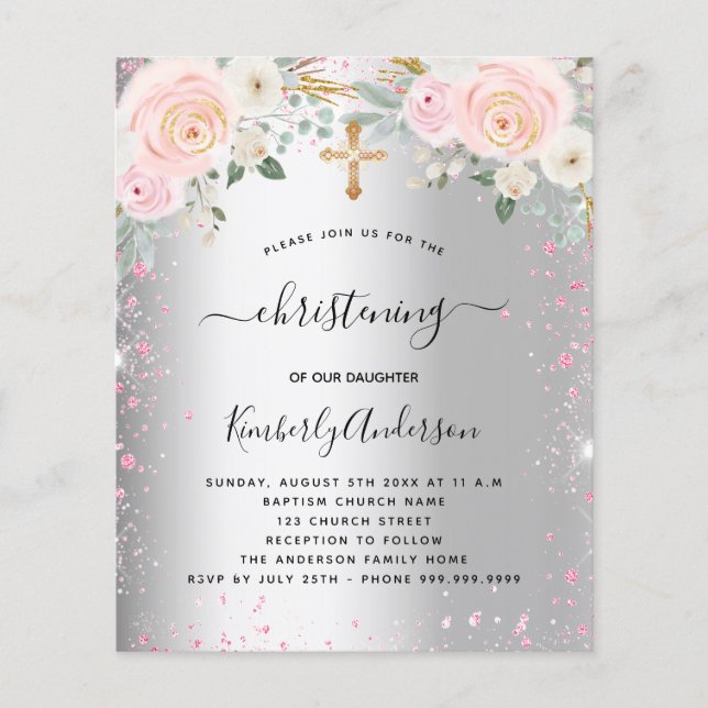 Christening silver pink floral glitter invitation flyer (Front)