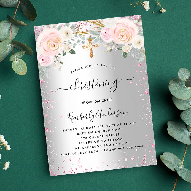 Christening silver pink florals glitter girl invitation (Creator Uploaded)
