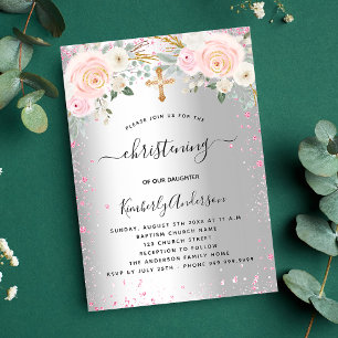 Christening silver pink florals glitter girl invitation postcard