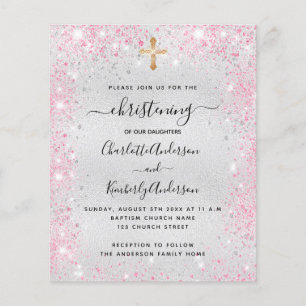 Christening silver pink twins budget invitation