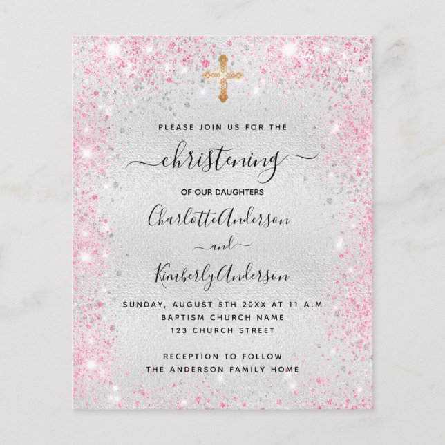 Christening silver pink twins budget invitation flyer (Front)